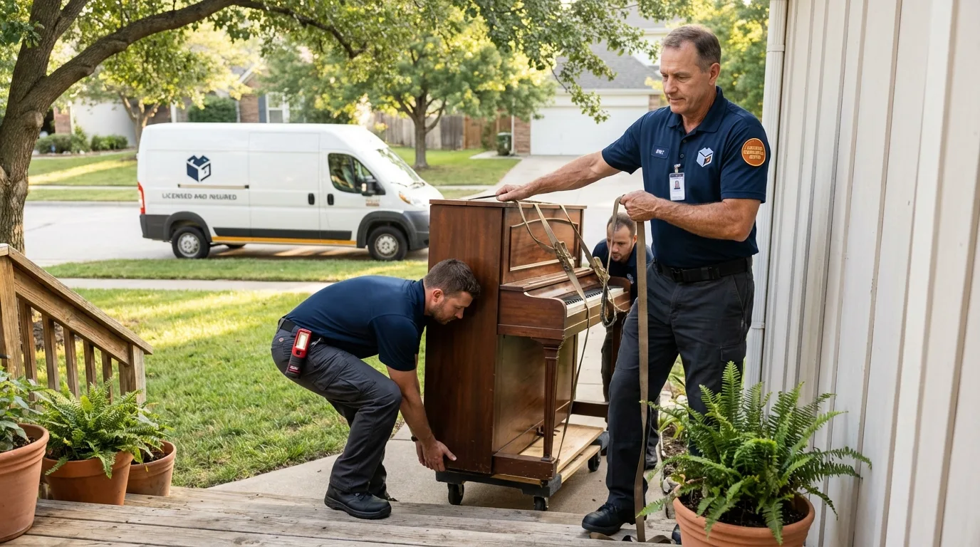 Licensed piano movers securing grand piano in Banner Elk, NC
