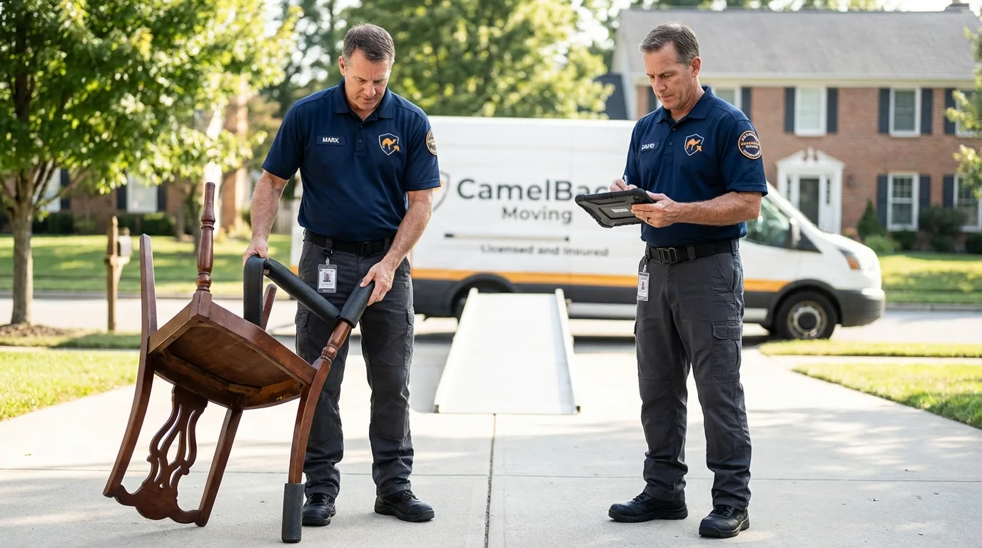 Movers inspecting furniture for damage prevention before loading in Banner Elk, NC