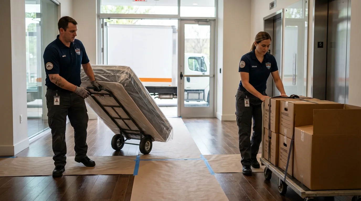 Professional apartment movers loading elevator in Banner Elk, NC
