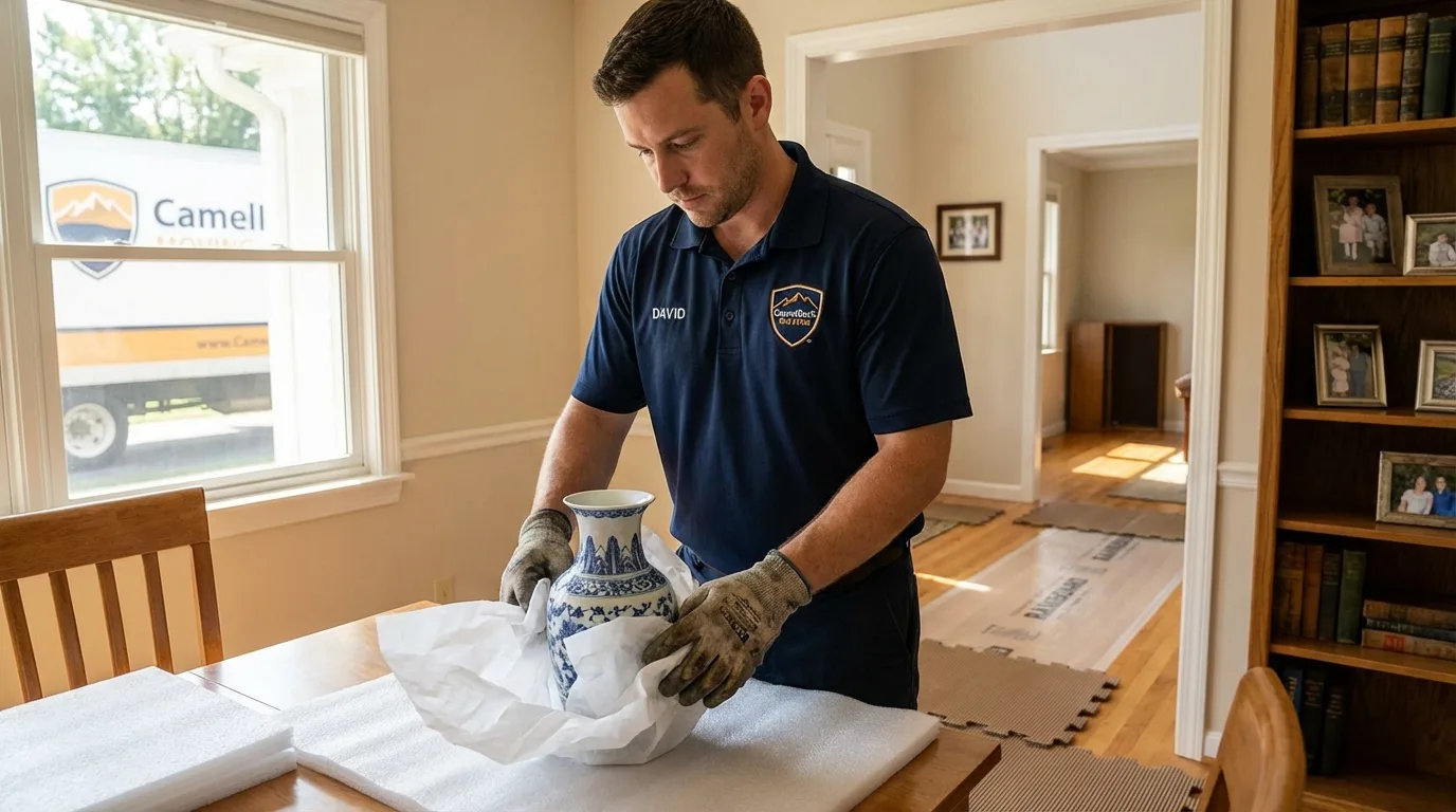 Professional crew carefully wrapping antique vase for senior downsizing move in Banner Elk, NC